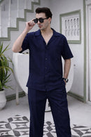 Modern Navy Blue Cuban Collar Co-ord Set
