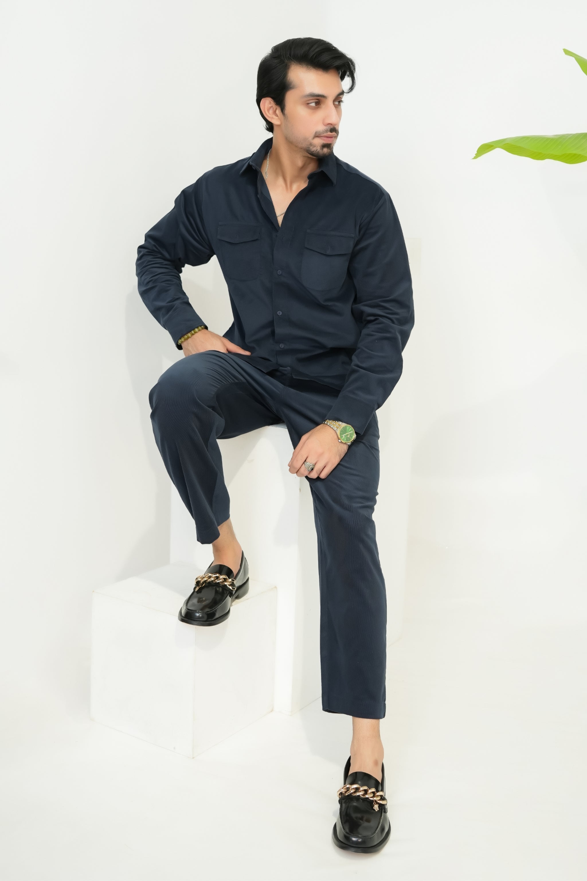 Navy Blue Corduroy Modern Tailored Set