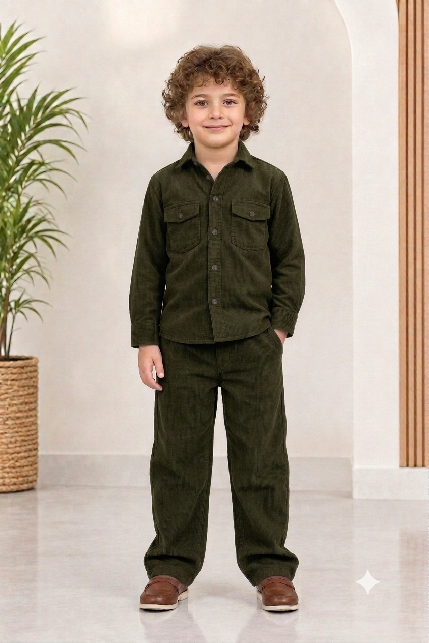 Dark OliveGreen corduroy winter Co-ords set