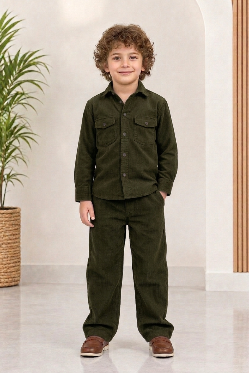 Dark OliveGreen corduroy winter Co-ords set