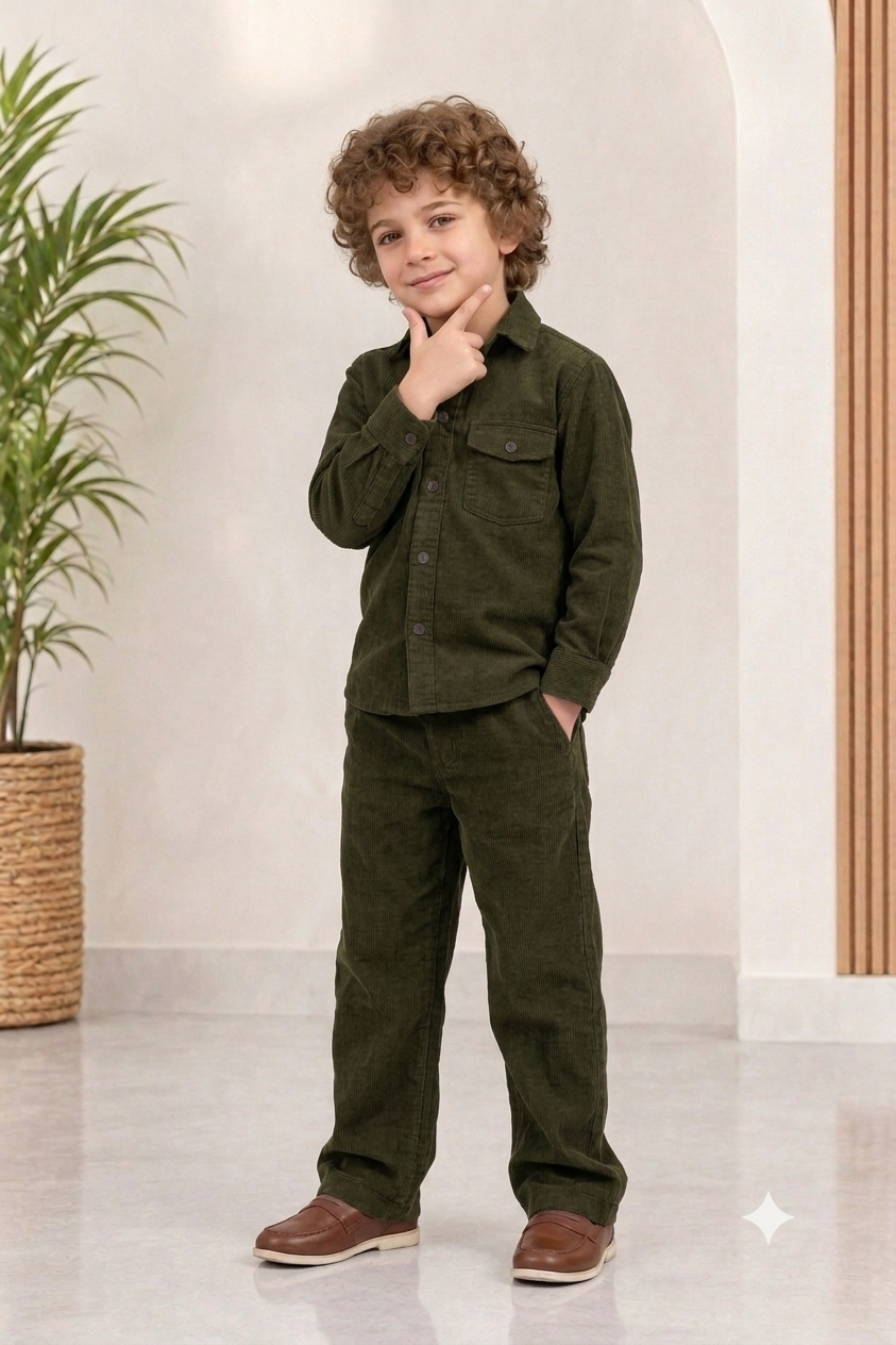 Dark OliveGreen corduroy winter Co-ords set