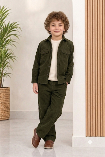 Dark OliveGreen corduroy winter Co-ords set