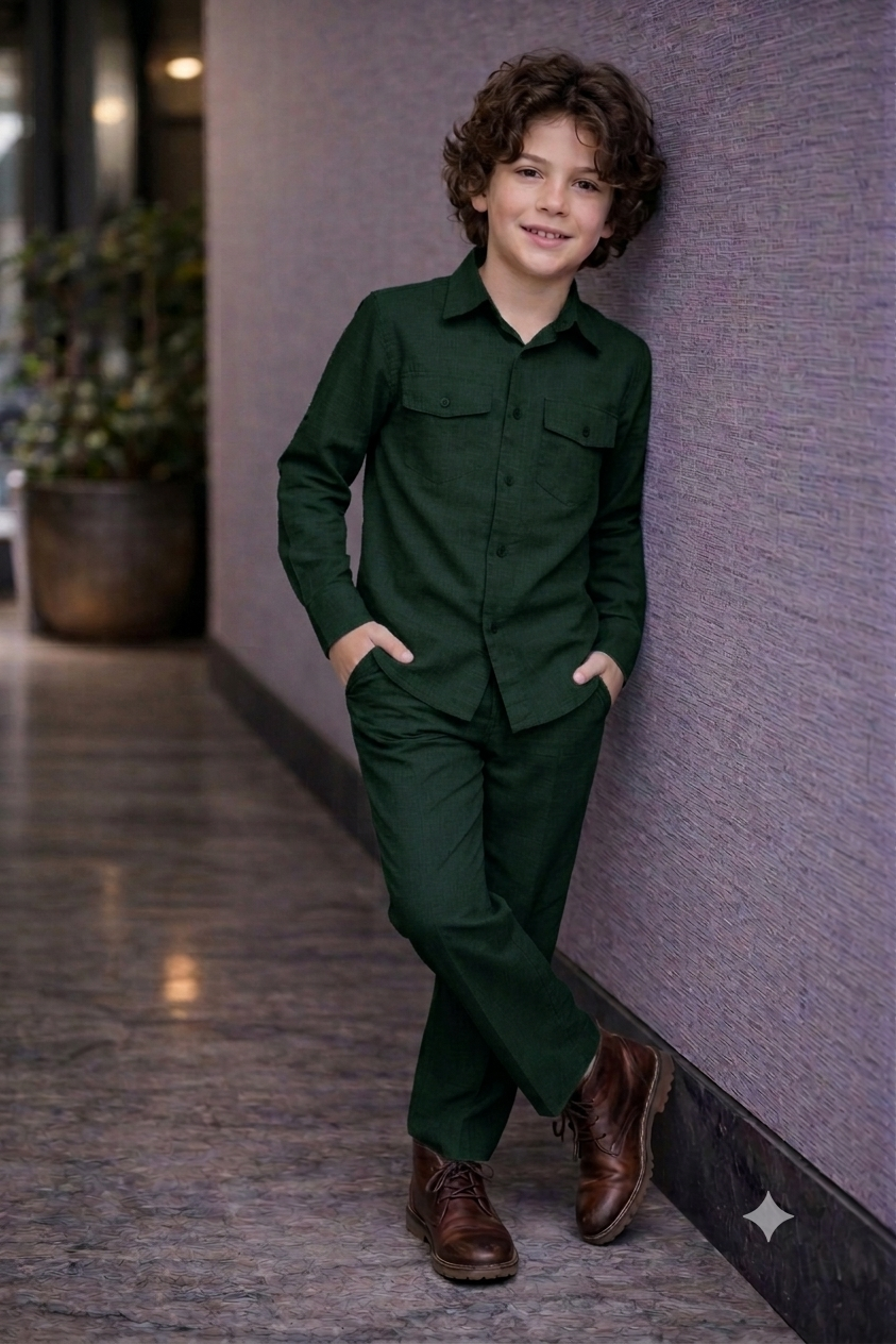 Dark green full sleeve kid_s Co-ords set