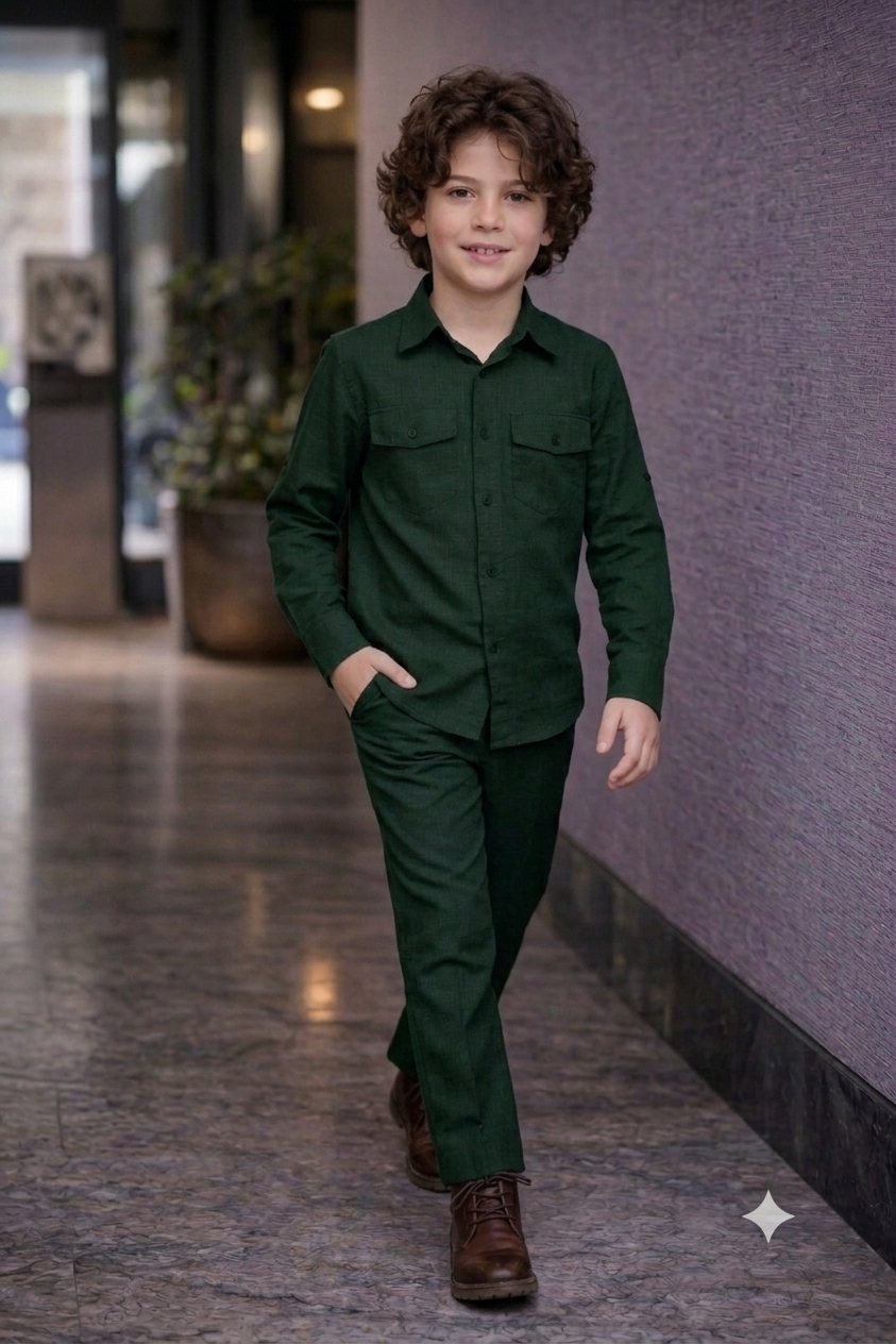Dark green full sleeve kid_s Co-ords set