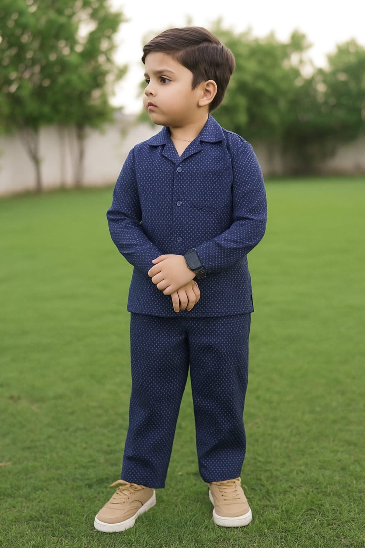 Navy Blue Printed Modern Suit