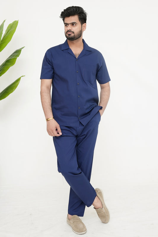 Modern Navy Blue Cuban Collar Co-ord Set