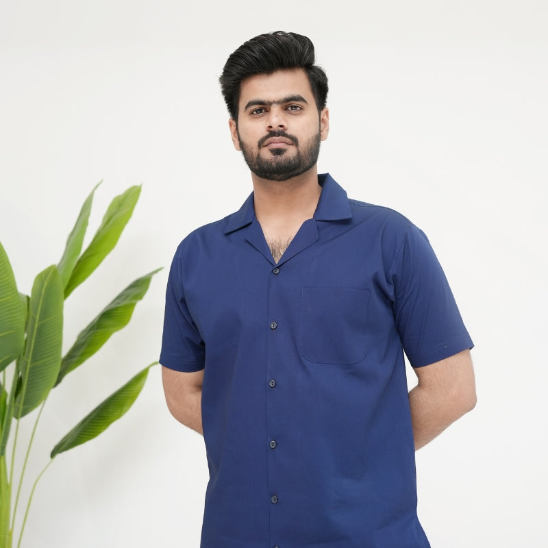 Modern Navy Blue Cuban Collar Co-ord Set