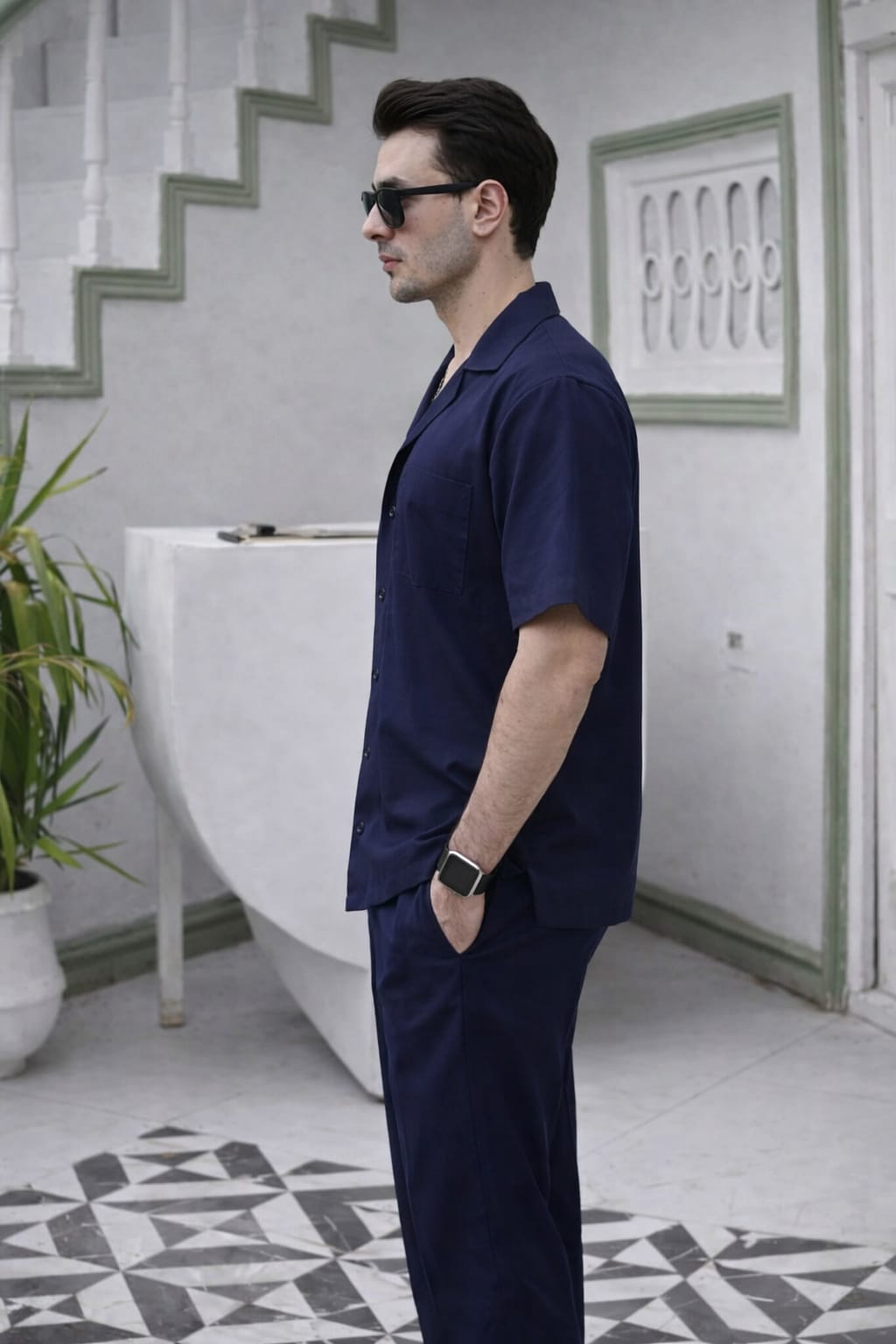 Modern Navy Blue Cuban Collar Co-ord Set