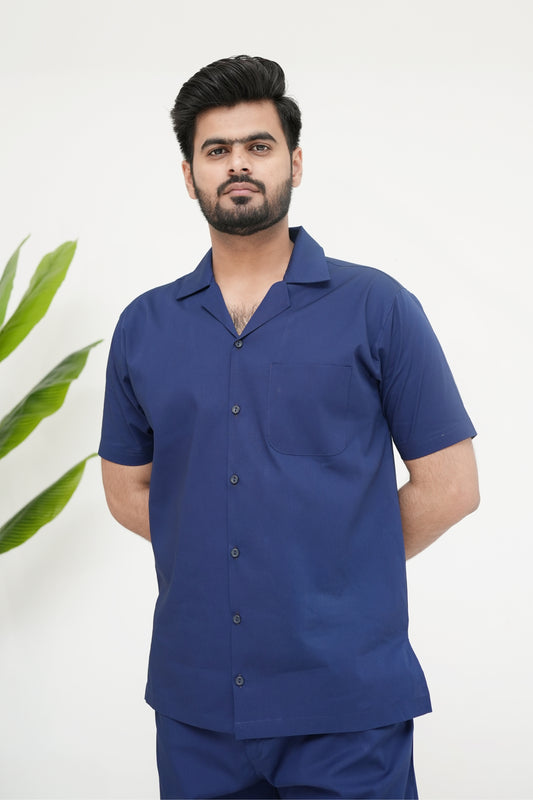 Modern Navy Blue Cuban Collar Co-ord Set