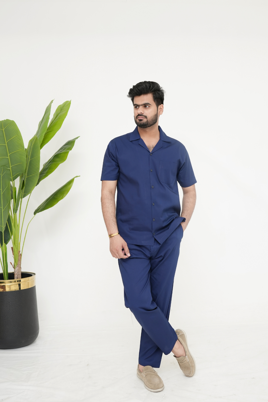 Modern Navy Blue Cuban Collar Co-ord Set