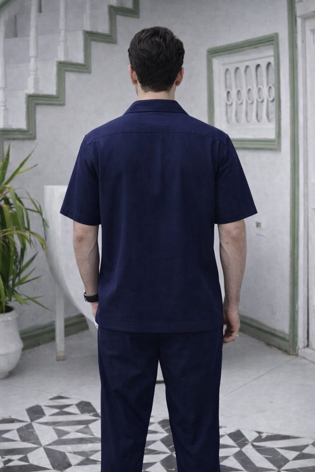 Modern Navy Blue Cuban Collar Co-ord Set