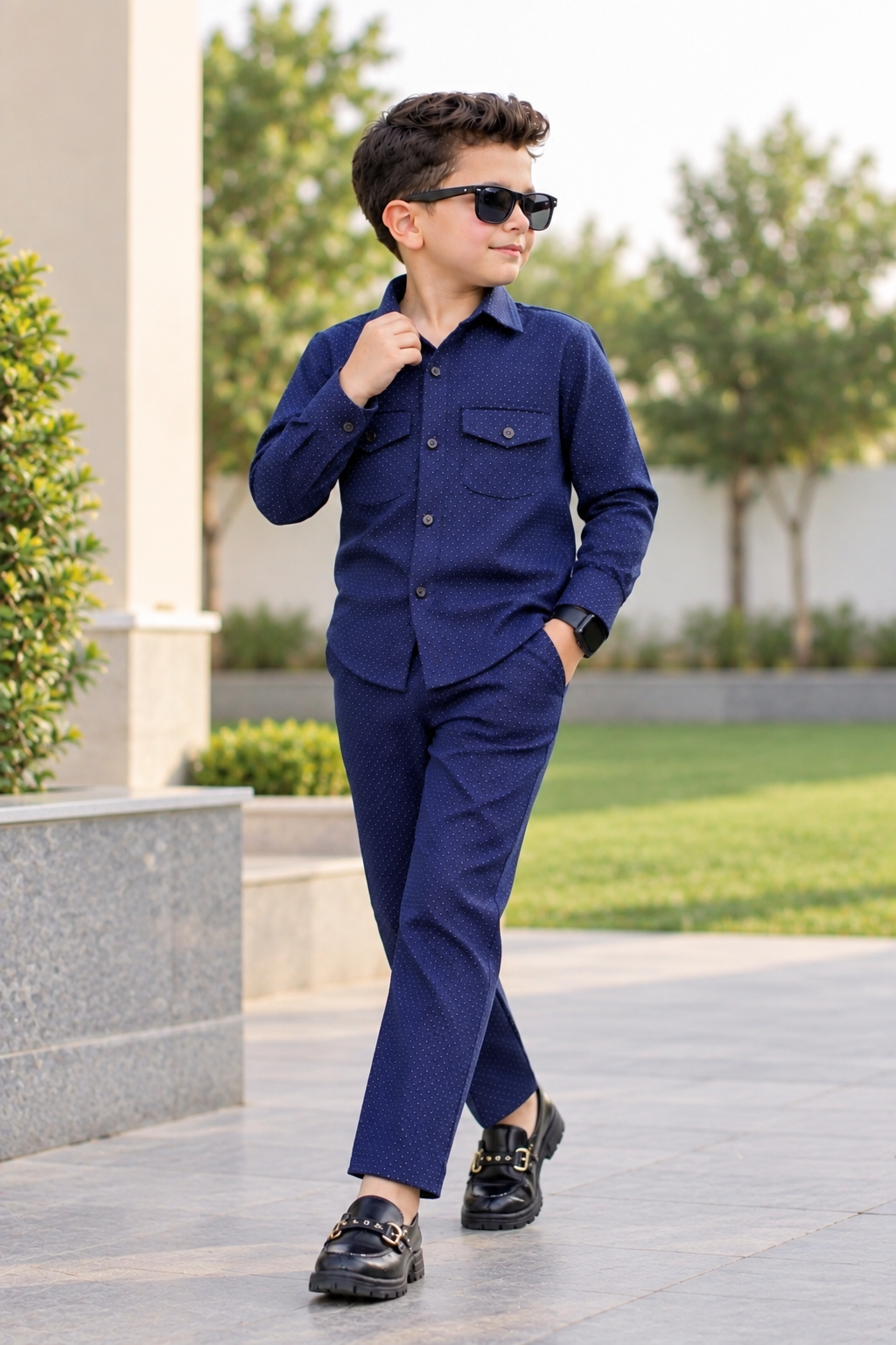Navy Blue Printed Modern Suit