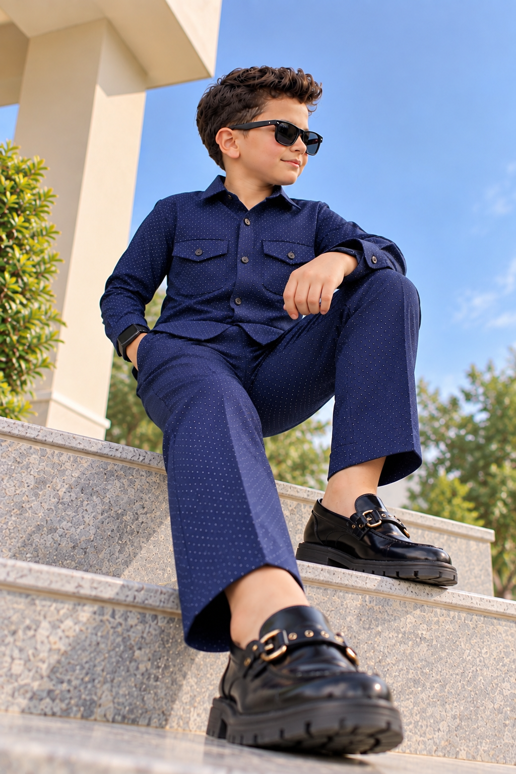 Navy Blue Printed Modern Suit