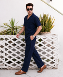 Modern Navy Blue Cuban Collar Co-ord Set