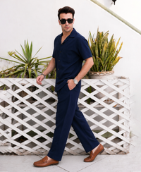 Modern Navy Blue Cuban Collar Co-ord Set