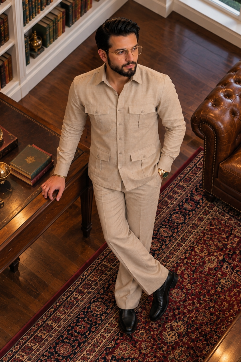 Beige full sleeve 4 pocket Men Co-ords set RR