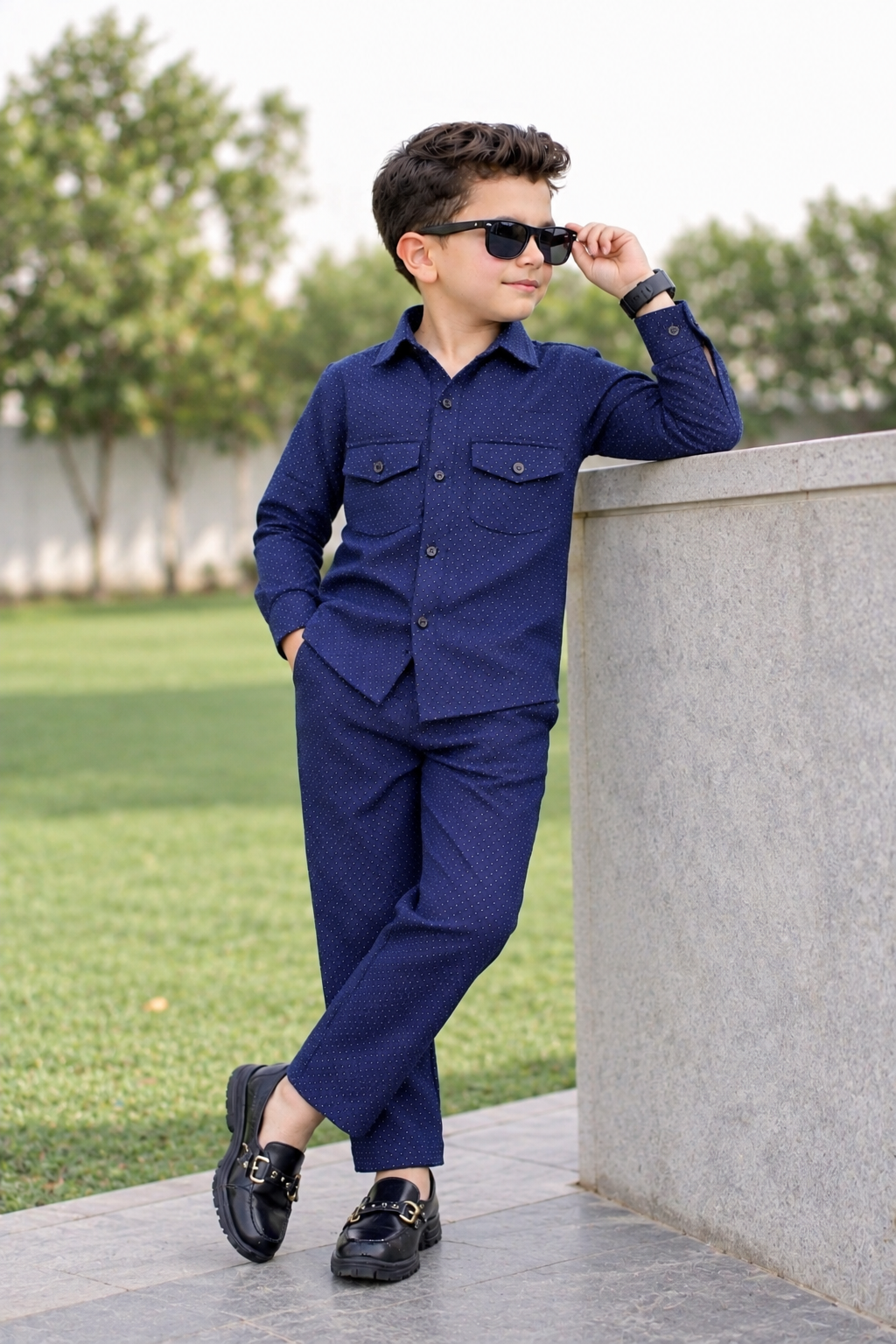 Navy Blue Printed Modern Suit