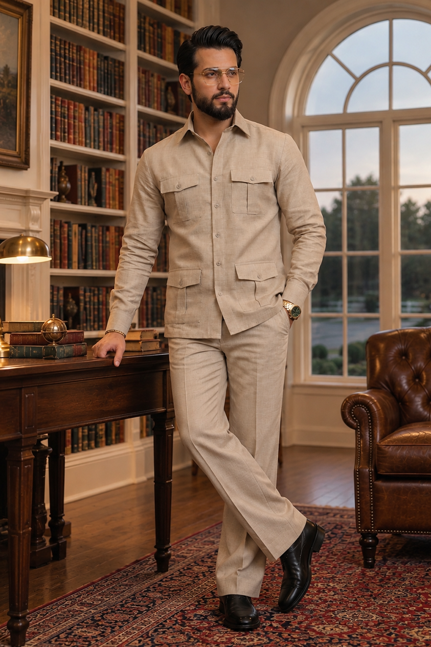Beige full sleeve 4 pocket Men Co-ords set RR