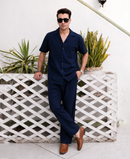 Modern Navy Blue Cuban Collar Co-ord Set