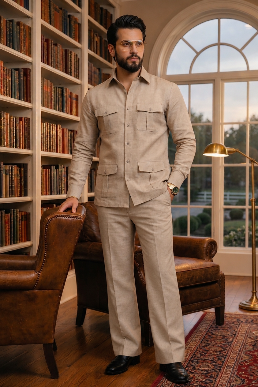 Beige full sleeve 4 pocket Men Co-ords set RR