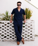 Modern Navy Blue Cuban Collar Co-ord Set