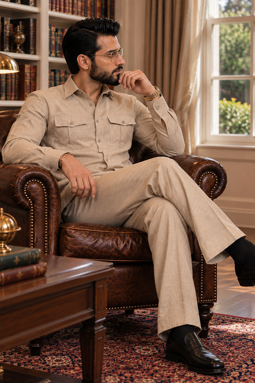 Beige full sleeve 4 pocket Men Co-ords set RR